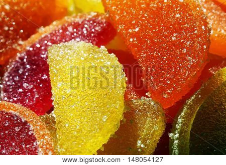 Colorful bright fruit jelly candies close up