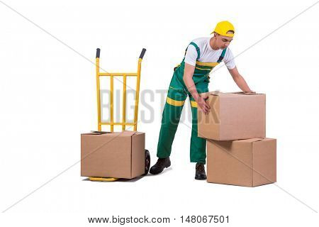 Young man moving boxes with cart isolated on white
