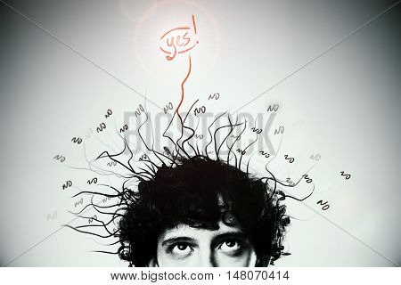 Portrait of young man with messy hair who found the solution. Black-and-white image. Idea concept
