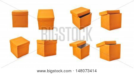 Set of Orange foot stool ottoman pouffe over isolated white background