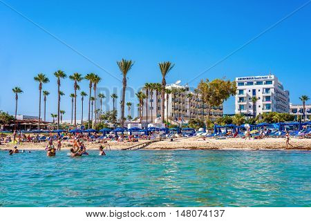 Ayia Napa Cyprus - August 18 2016: Sunny Day At Sandy Beach Beach In Aiya Napa Cyprus.