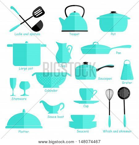 Set of blue cookware isolated on white background. Kitchen utensils. Flat.