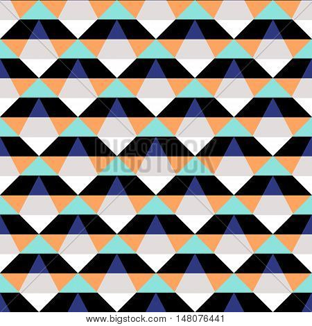 Abstract geometric color blocked pattern with stripes, squares, random geometric shapes. Vector seamless abstract print in op art style. Black and orange bold textile design for fall winter fashion