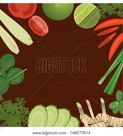 vector Thai foods ingredients on wooden background