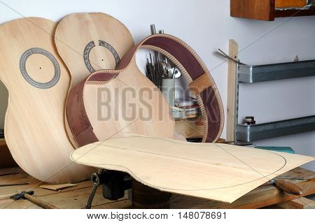Details of the classical guitar luthier on the desktop