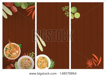 Thai foods restaurant menu templateThai dish and ingredients on wooden background