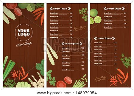 Thai foods restaurant menu template Thai ingredients on wooden background