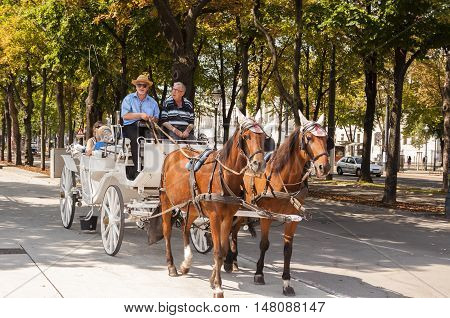 Vienna / Austria - July 20th 2014: tourists on a fiacre drive in Vienna