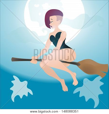 half-naked witch flying on a broom, big moon in the background, happy Halloween