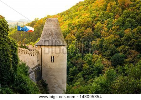 Side tower of Karlstejn Castle. Central Bohemia Karlstejn village Czech Republic.