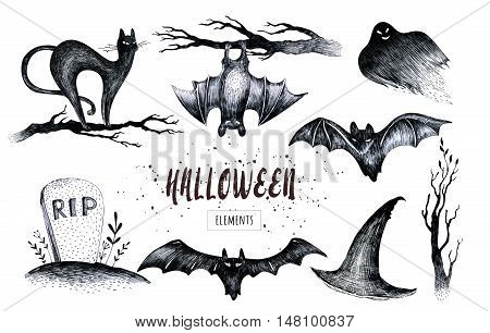 Halloween hand drawing black white graphic set icon drawn Halloween symbols pumpkin broom bat witches. Halloween horror design elements logos badges labels icons and objects.