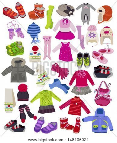 set of fashion children's clothes isolated on white background 
(vector illustration, coloring book)
