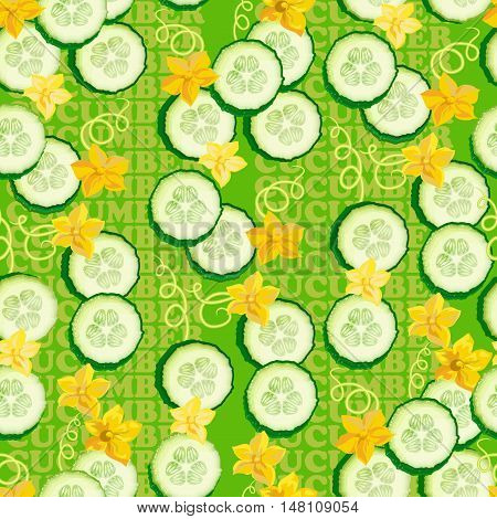 Seamless texture with  flower and slices cucumber on green background. Vector illustration.  Floral texture with natural elements. Flat style healthy food.