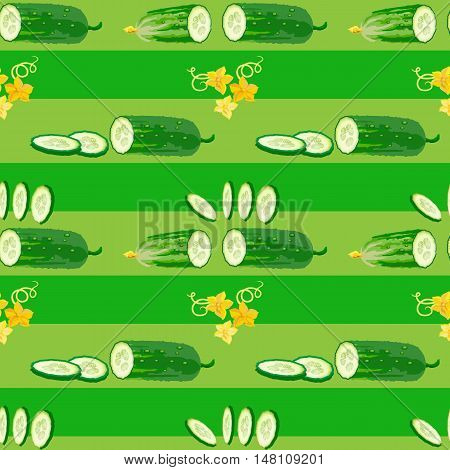 Seamless texture with cucumber, flower and slices on green background. Vector illustration.  Floral texture with natural elements. Flat style healthy food.