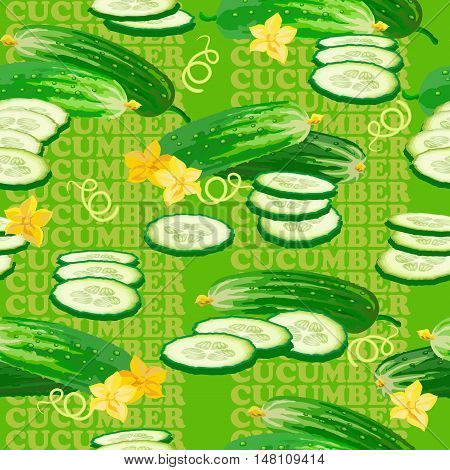 Seamless texture with cucumber, flower and slices on green background. Vector illustration.  Floral texture with natural elements. Flat style healthy food.