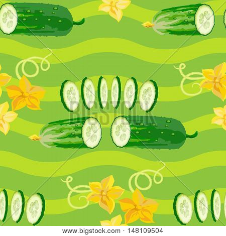 Seamless texture with cucumber, flower and slices on green background. Vector illustration.  Floral texture with natural elements. Flat style healthy food.