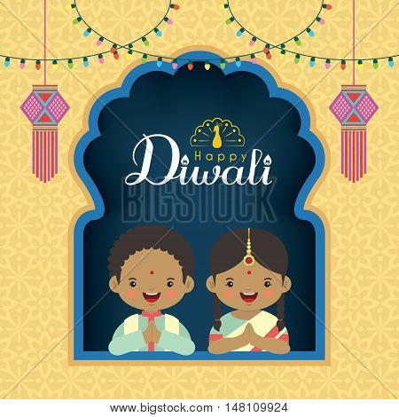 Diwali / Deepavali vector greeting illustration. Cute indian kids with colorful light bulbs and india lanterns. Festival of Lights celebration.