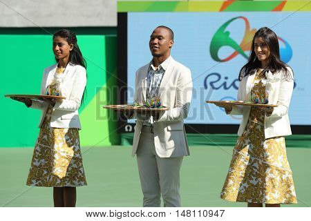 RIO DE JANEIRO, BRAZIL - AUGUST 14, 2016: Tennis women's doubles final medal ceremony at the Maria Esther Bueno Court of the Rio 2016 Olympic Games at the Olympic Tennis Centre