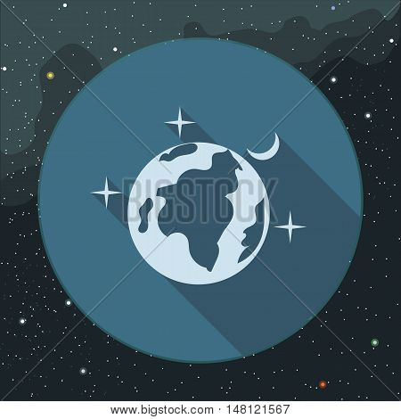 Digital vector planet earth icon with stars and moon, over stelar background, flat style.