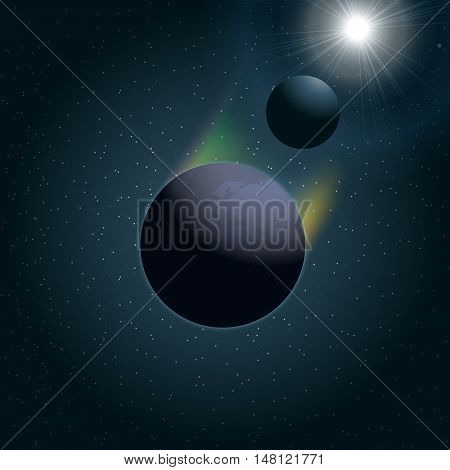 Digital vector planet earth icon with moon and sun eclipse, over stelar background, flat style.
