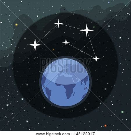 Digital vector planet earth icon with stars and constellation, over stelar background, flat style.