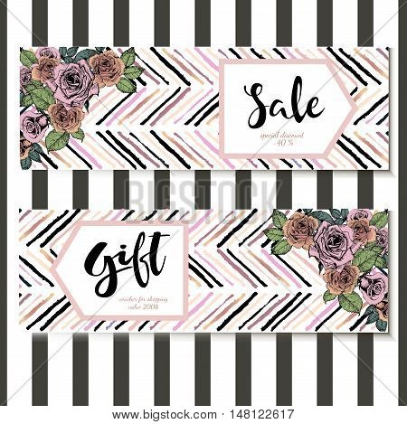 Vector set of flyer and gift voucher for great sale. Square text template. Rose gold flowers and chevron modern brush spot in trendy pastel colors. Use for business fashion promotion.