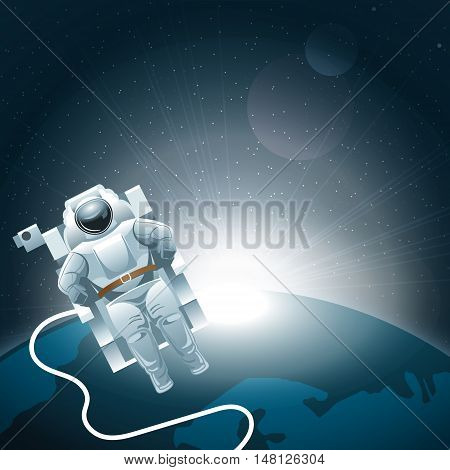 Digital vector planet earth icon with white light and an astronaut moving in space, over stelar background, flat style.