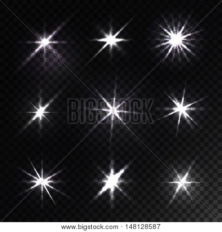 Set of glowing light stars with sparkles isolated on black chess background. Flickering and flashing effects