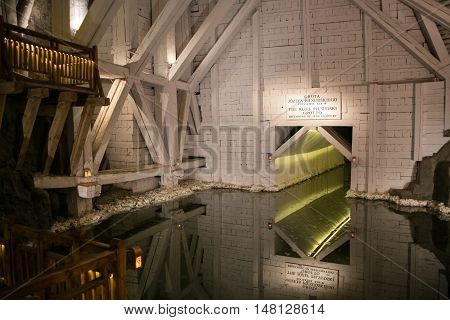 POLAND, WIELICZKA - MAY 28, 2016: Wieliczka Salt Mine. In UNESCO World Heritage since 1978. The Jozef Pilsudski grotto.