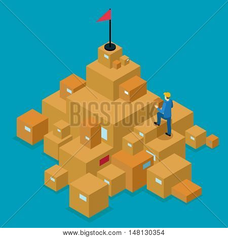 Delivery service isometric concept with man walking on cartons to goal on blue background vector illustration