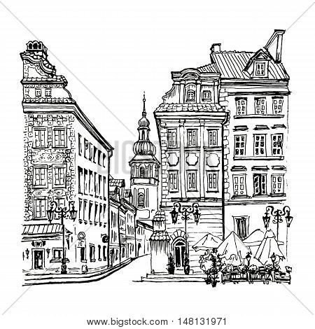 Castle Square, Piwna street and Bell tower of St. Martin's Church in the morning, Warsaw Old town, Poland. Picture made liner