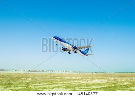 Baku - AUGUST 27, 2016: Airplane taking off on August 27 in Baku