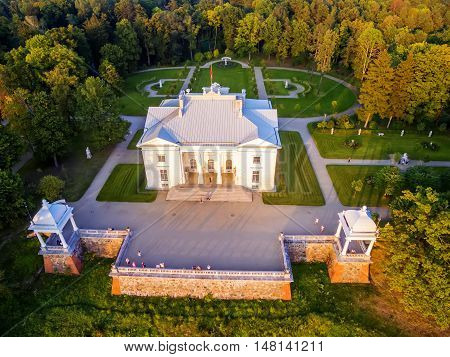Trakai, Lithuania: Aerial UAV top view of Uzutrakis Palace in the autumn sunset