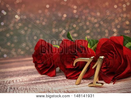 birthday concept with red roses on wooden desk. 3D render - seventy-first birthday. 71st