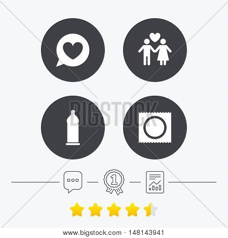 Condom safe sex icons. Lovers couple signs. Male love female. Speech bubble with heart. Chat, award medal and report linear icons. Star vote ranking. Vector