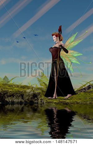 Fairy Lillith by Pond 3D Illustration - Three Bluebirds fly over fairy Lillith as she stands by a pond in the magical forest.