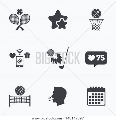 Tennis rackets with ball. Basketball basket. Volleyball net with ball. Golf fireball sign. Sport icons. Flat talking head, calendar icons. Stars, like counter icons. Vector
