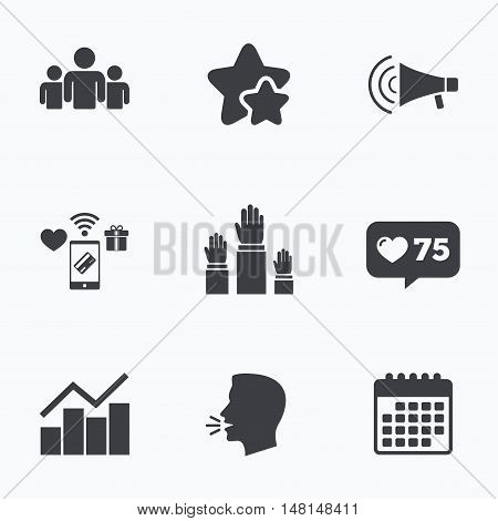 Strike group of people icon. Megaphone loudspeaker sign. Election or voting symbol. Hands raised up. Flat talking head, calendar icons. Stars, like counter icons. Vector