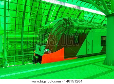 Moscow, Russia - September 13, 2016: Central Circle Line MCC Lastochka train at the station Delovoj centr