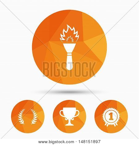 First place award cup icons. Laurel wreath sign. Torch fire flame symbol. Prize for winner. Triangular low poly buttons with shadow. Vector