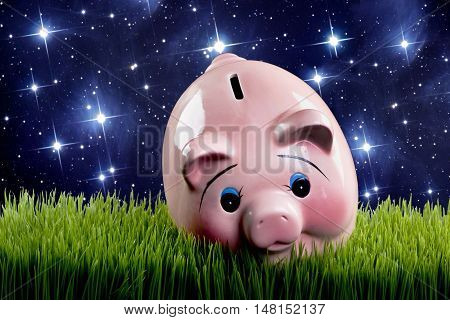 Pink piggy bank at dusk with stars glowing.