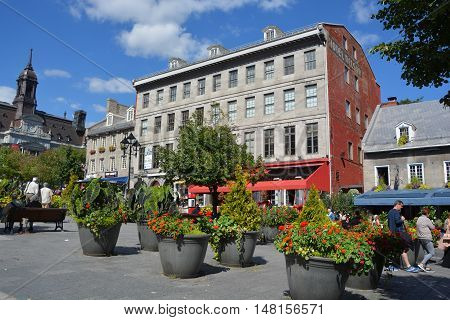 MONTREAL CANADA 09 17 2016: Building in Place Jacques-Cartier is a square located in Old Montreal in Montreal, Quebec, Canada, and an entrance to the Old Port of Montreal.