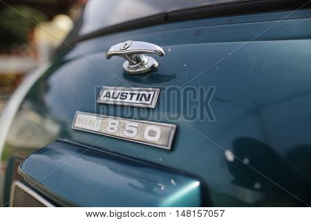 MALAYSIA - August 15, 2016: A classic car Mini Austin 850 rear side is photographed in Malaysia, August 15, 2016.