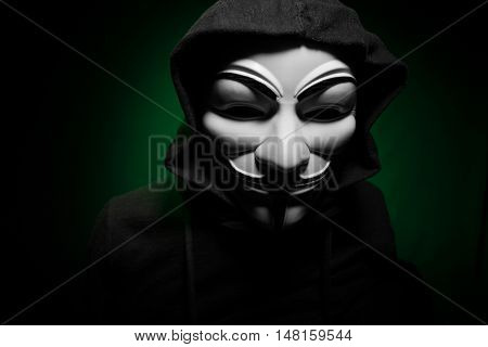 Saint-Petersburg, Russia - September 16, 2016: Photo of man wearing Vendetta mask, studio shot