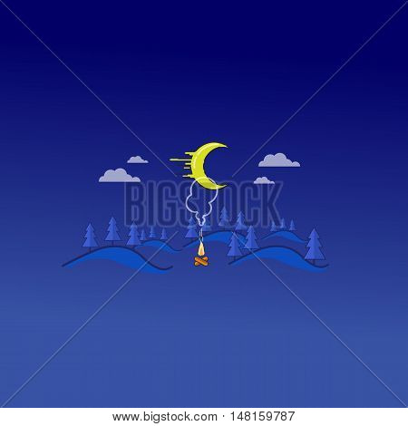 Landscape bonfire and mountain vector art outline