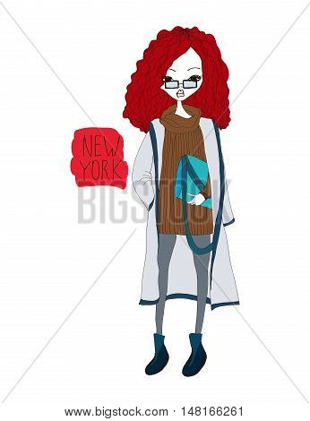 New York Fashion Illustration with a Fashion Girl Wearing Stylish Clothes. Colorful New York Typography with Hearts. Fashion New Yorker Woman in the City