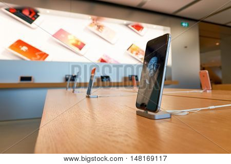 HONG KONG - CIRCA SEPTEMBER, 2016: inside of Apple store. Apple Store is a chain of retail stores owned and operated by Apple Inc., dealing with computers and consumer electronics.