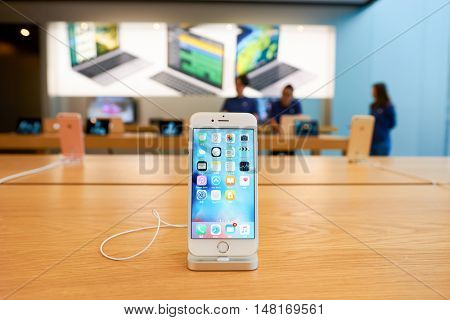 HONG KONG - CIRCA SEPTEMBER, 2016: inside of Apple store. Apple Store is a chain of retail stores owned and operated by Apple Inc., dealing with computers and consumer electronics.