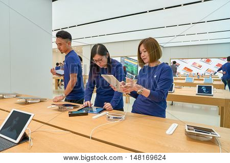 HONG KONG - CIRCA SEPTEMBER, 2016: inside of Apple store. Apple Store is a chain of retail stores owned and operated by Apple Inc., dealing with computers and consumer electronics.