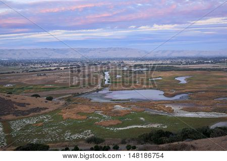Sunset over Coyote Hills Regional Park, Fremont, California, USA. Pink Skies and Marshland of San Francisco Bay Summer